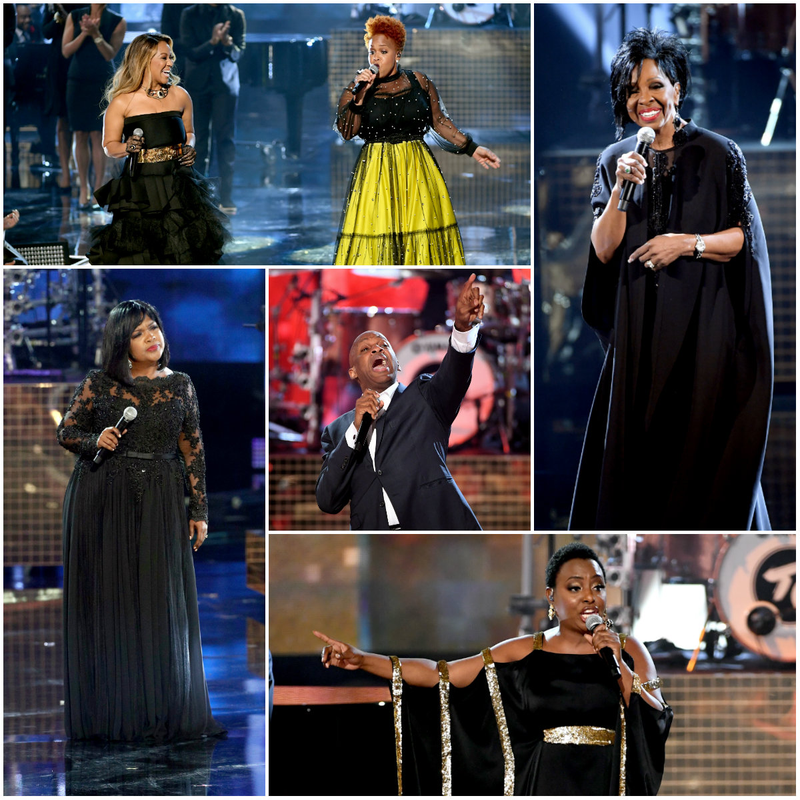 Clockwise from top left: Erica Campbell (L) and Tina Campbell of Mary Mary; Gladys Knight; Ledisi; CeCe Winans; Donnie McClurkin (center) perform onstage during the 2018 American Music Awards